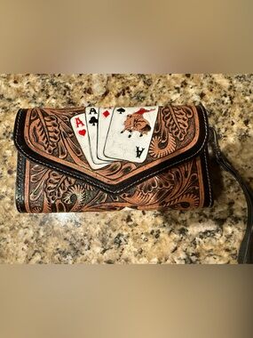 Western Tooled Leather Wallet Clutch Playing Cards Dice Wristlet